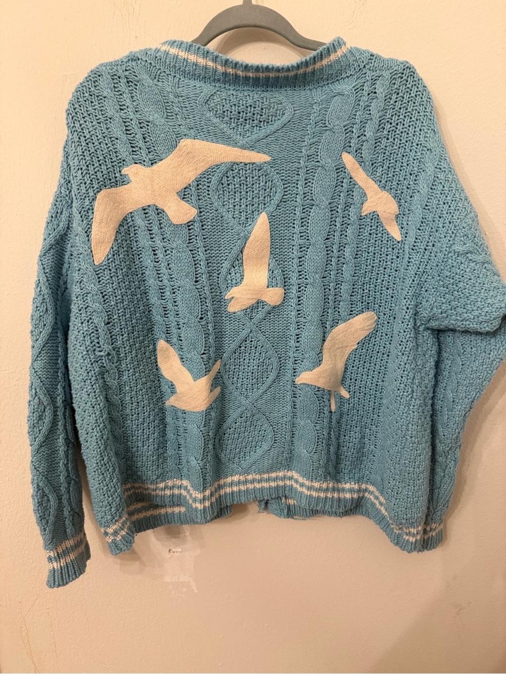 Taylor Swift  1989 Light Blue Cable Knit cardigan with White Seagull Appliqués